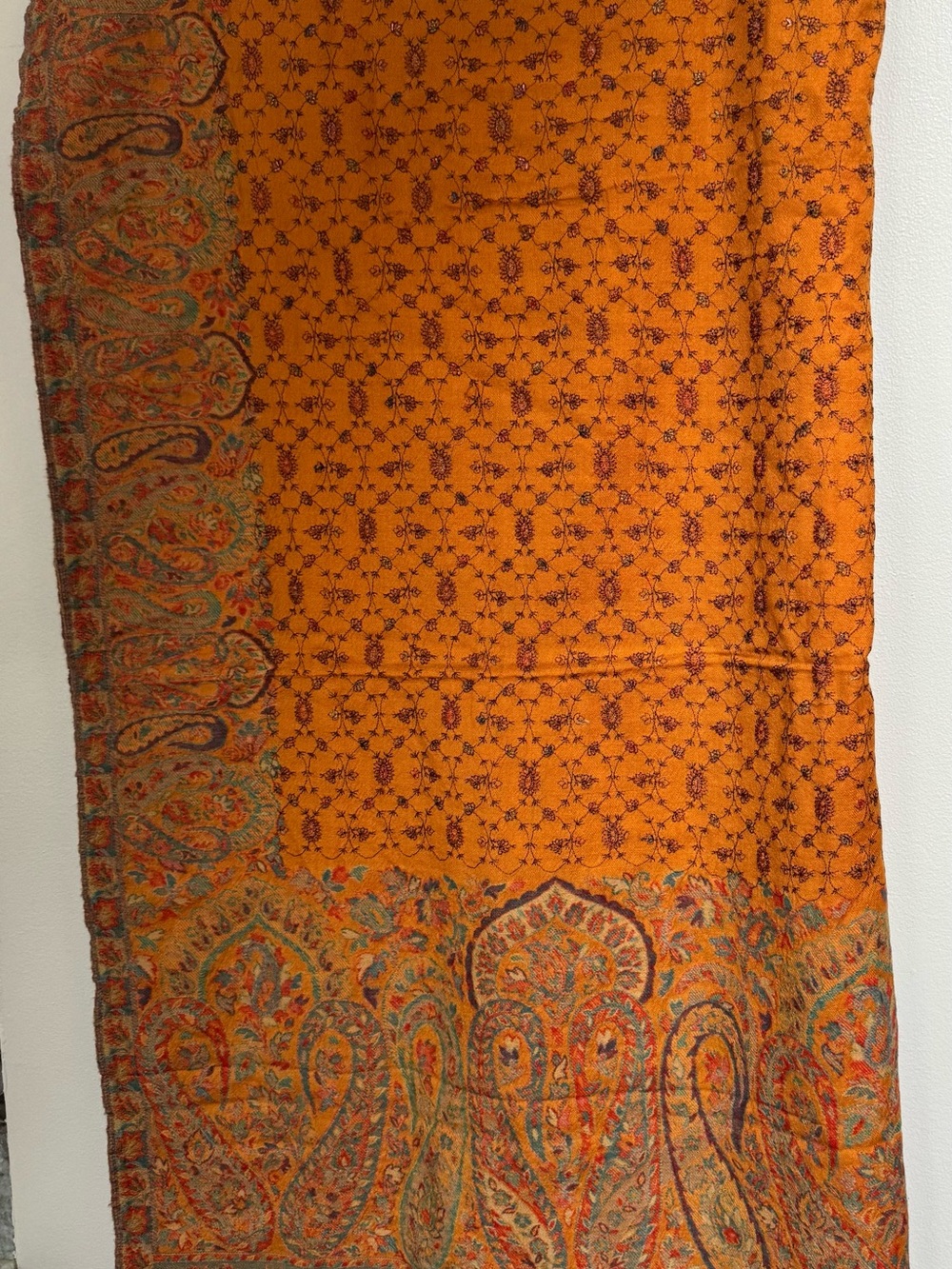 Orange Paisley Border Women's pure wool shawl